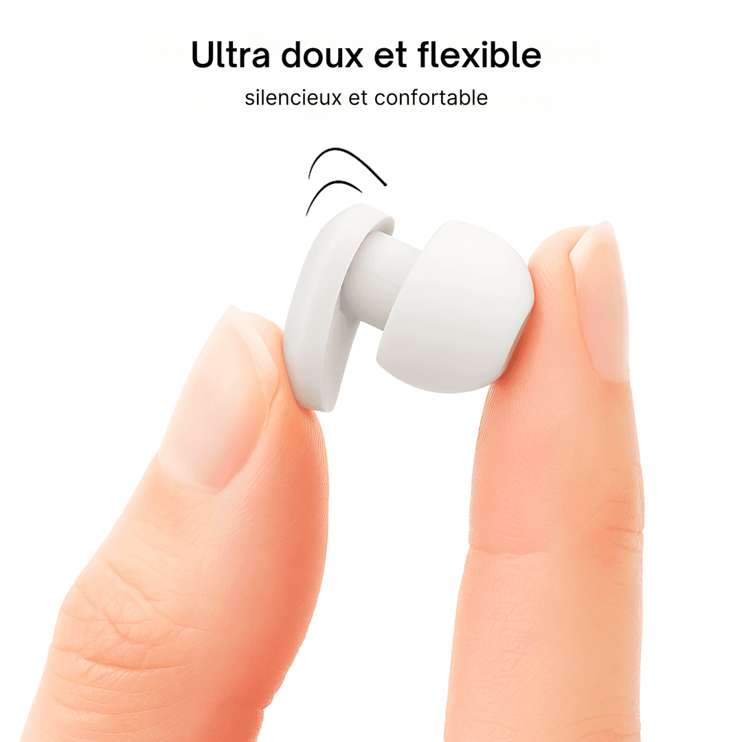 Bouchon d’oreille Silencio compressé entre deux doigts, montrant sa flexibilité